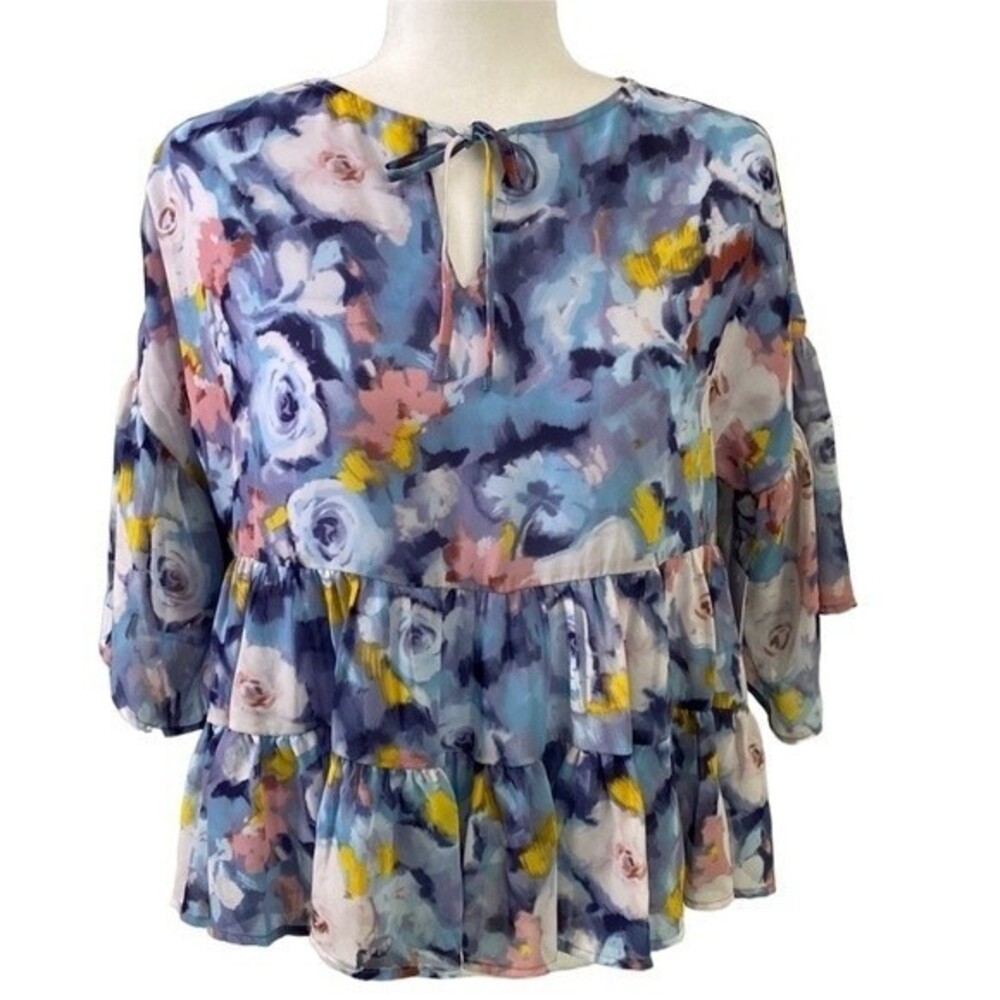 Adyson Parker Baby Doll Brushstroke Combo Top Tie Neck Ruffles Flounce Sleeves